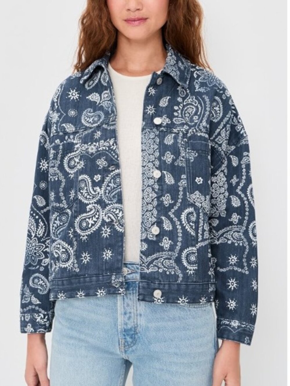 NWT Free People Opal Swing Printed Denim Jacket Sz M